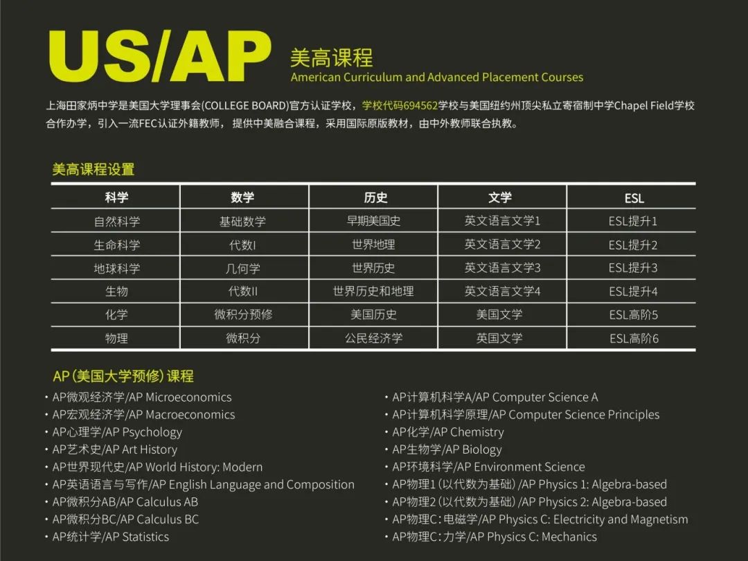 上海田家炳中學國際部：與美國私立名校合作，開設AP/A-Level課程